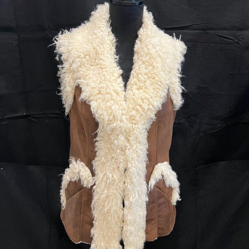 INC Brown Faux Suede Vest with Fur Trim - L